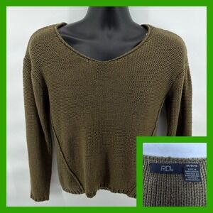 RDI Olive Green Knit Sweater Womens Medium Elbow Patches V-Neck Chunky Pullover